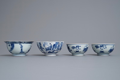 Four Chinese blue and white bowls, Kangxi