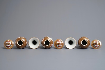 A Chinese capucin ground famille rose five-piece garniture with floral design, Qianlong