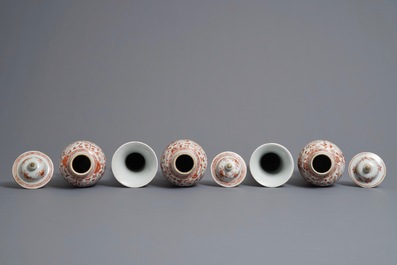 A Chinese 'milk and blood' five-piece garniture with phoenixes, Kangxi