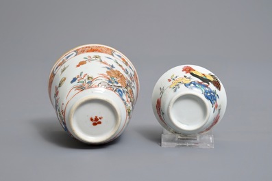 Two Chinese famille rose and verte-Imari cups and saucers, Kangxi/Qianlong