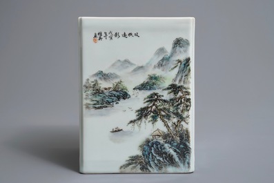 A square Chinese qianjiang cai brush pot with landscapes, 20th C.