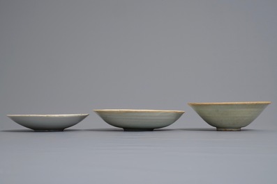 Two Chinese qingbai bowls and a plate with underglaze design, Song