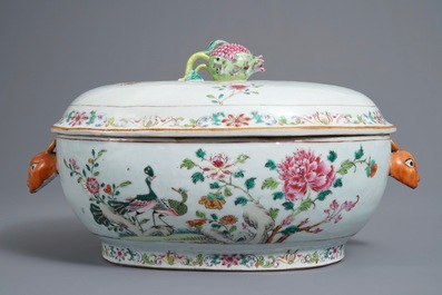 A Chinese famille rose 'double peacock' tureen and cover, Qianlong