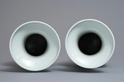 A pair of Chinese blue and white celadon ground vases with dragons and phoenixes, 19th C.
