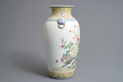 A Chinese famille rose 'quails' vase, sealmark, 20th C.