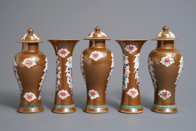 A Chinese capucin ground famille rose five-piece garniture with floral design, Qianlong