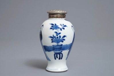 A Chinese 'milk and blood' dish, a blue and white klapmuts bowl and a tea caddy, Kangxi