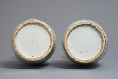 A pair of Chinese blue and white celadon ground vases with dragons and phoenixes, 19th C.
