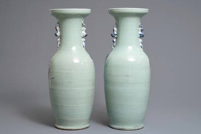 A pair of Chinese blue and white celadon ground vases with dragons and phoenixes, 19th C.