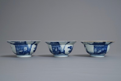 Three Chinese blue and white bowls and a blue ground famille rose vase, Kangxi and 19th C.