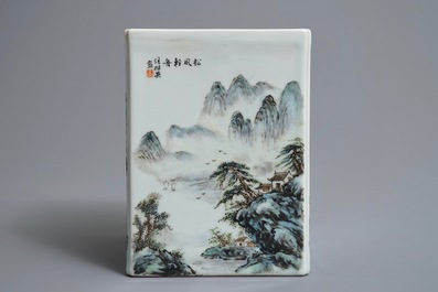 A square Chinese qianjiang cai brush pot with landscapes, 20th C.