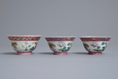 A Chinese Peranakan or Straits market famille rose vase and three bowls, 19th C.