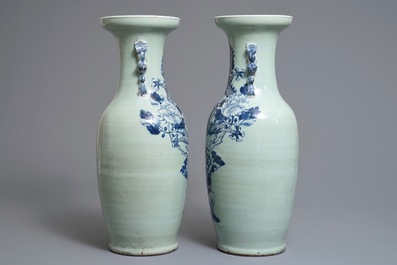 A pair of Chinese blue and white celadon ground vases with dragons and phoenixes, 19th C.