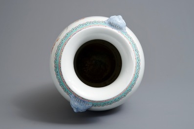 A Chinese famille rose 'quails' vase, sealmark, 20th C.