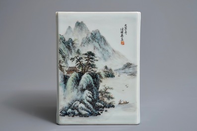 A square Chinese qianjiang cai brush pot with landscapes, 20th C.