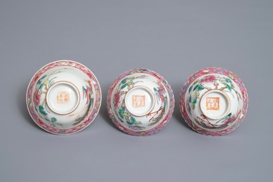A Chinese Peranakan or Straits market famille rose vase and three bowls, 19th C.