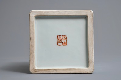 A square Chinese qianjiang cai brush pot with landscapes, 20th C.