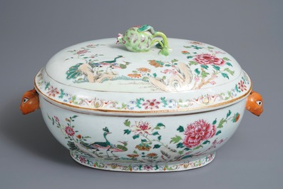 A Chinese famille rose 'double peacock' tureen and cover, Qianlong