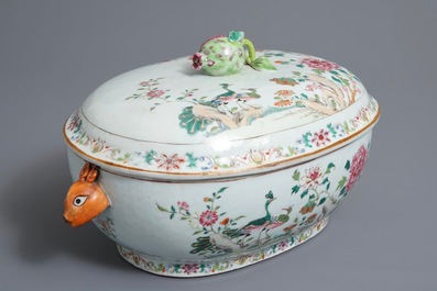 A Chinese famille rose 'double peacock' tureen and cover, Qianlong