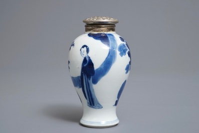A Chinese 'milk and blood' dish, a blue and white klapmuts bowl and a tea caddy, Kangxi