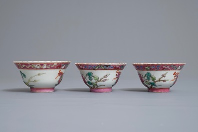 A Chinese Peranakan or Straits market famille rose vase and three bowls, 19th C.