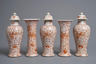 A Chinese 'milk and blood' five-piece garniture with phoenixes, Kangxi