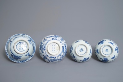 Four Chinese blue and white bowls, Kangxi