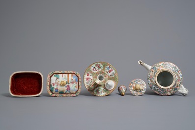 A Chinese Canton famille rose teapot, a candle holder and box and cover, 19th C.