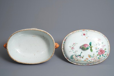 A Chinese famille rose 'double peacock' tureen and cover, Qianlong