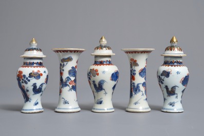 A Chinese Imari style five-piece miniature garniture with floral design, Kangxi