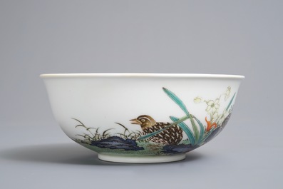 A Chinese famille rose 'quails' bowl, Yongzheng mark, 20th C.
