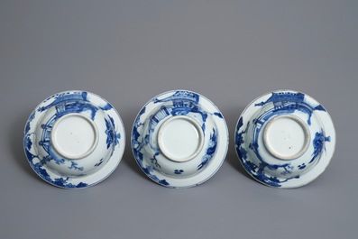 Three Chinese blue and white bowls and a blue ground famille rose vase, Kangxi and 19th C.