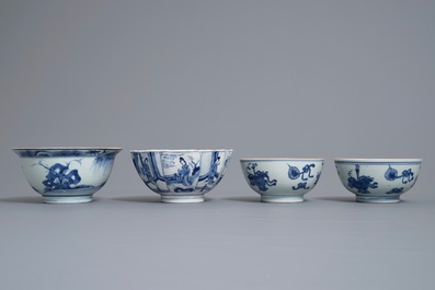 Four Chinese blue and white bowls, Kangxi
