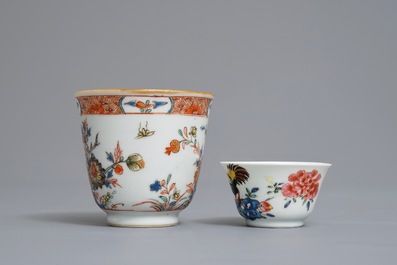 Two Chinese famille rose and verte-Imari cups and saucers, Kangxi/Qianlong