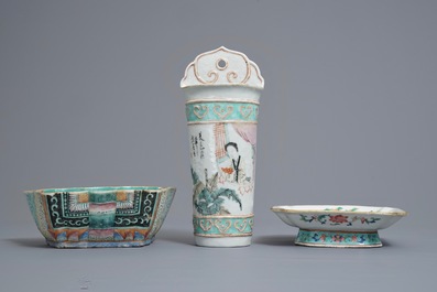 Two Chinese famille rose bowls and a wall hanging vase, 19th C.