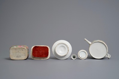A Chinese Canton famille rose teapot, a candle holder and box and cover, 19th C.