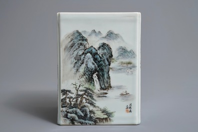 A square Chinese qianjiang cai brush pot with landscapes, 20th C.