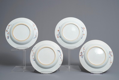 Four Chinese doucai plates with flowers and cranes, Yongzheng