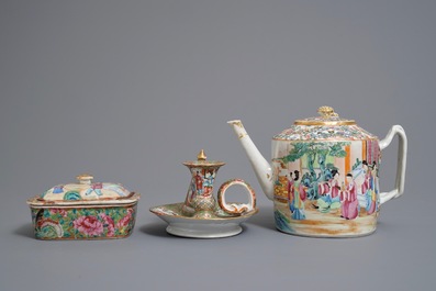 A Chinese Canton famille rose teapot, a candle holder and box and cover, 19th C.