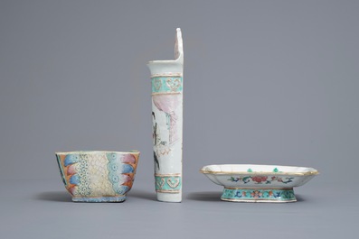 Two Chinese famille rose bowls and a wall hanging vase, 19th C.