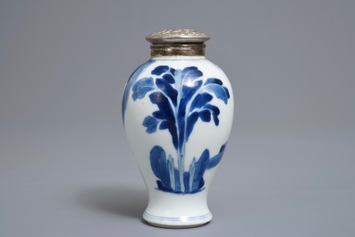 A Chinese 'milk and blood' dish, a blue and white klapmuts bowl and a tea caddy, Kangxi