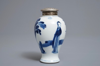 A Chinese 'milk and blood' dish, a blue and white klapmuts bowl and a tea caddy, Kangxi