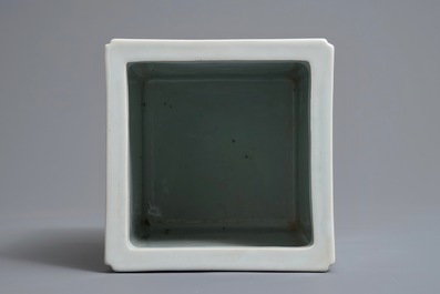 A square Chinese qianjiang cai brush pot with landscapes, 20th C.