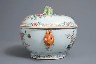 A Chinese famille rose 'double peacock' tureen and cover, Qianlong