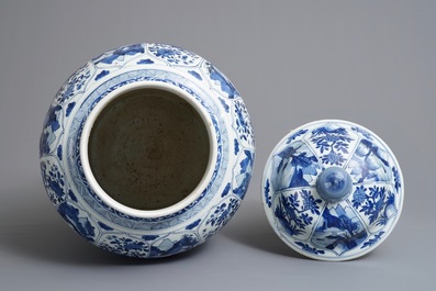 A large Chinese blue and white three-piece garniture with landscape and floral panels, Kangxi