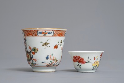 Two Chinese famille rose and verte-Imari cups and saucers, Kangxi/Qianlong