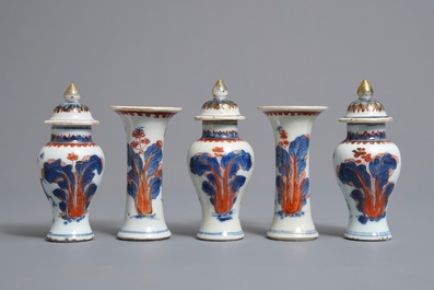 A Chinese Imari style five-piece miniature garniture with floral design, Kangxi