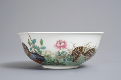 A Chinese famille rose 'quails' bowl, Yongzheng mark, 20th C.