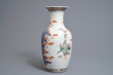 A Chinese famille verte vase and a famille rose bowl, 19th C.