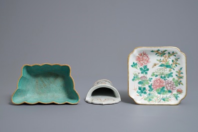Two Chinese famille rose bowls and a wall hanging vase, 19th C.